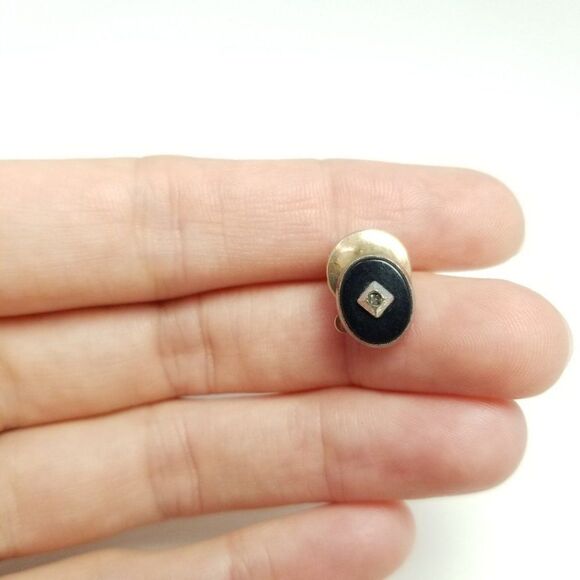 Vintage Oval Black Tie Tack Pin with Silver Tone Center, Mens Jewelry - Picture 5 of 5